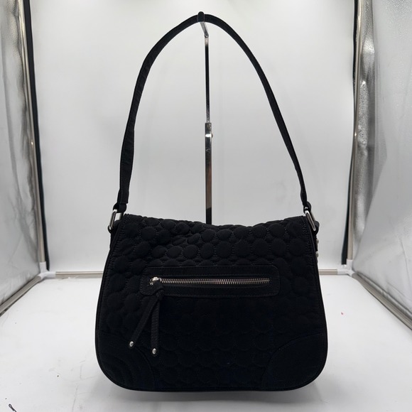 Vera Bradley Black Quilted Microfiber Shoulder Bag Purse Circle Pattern Flap - Picture 3 of 10